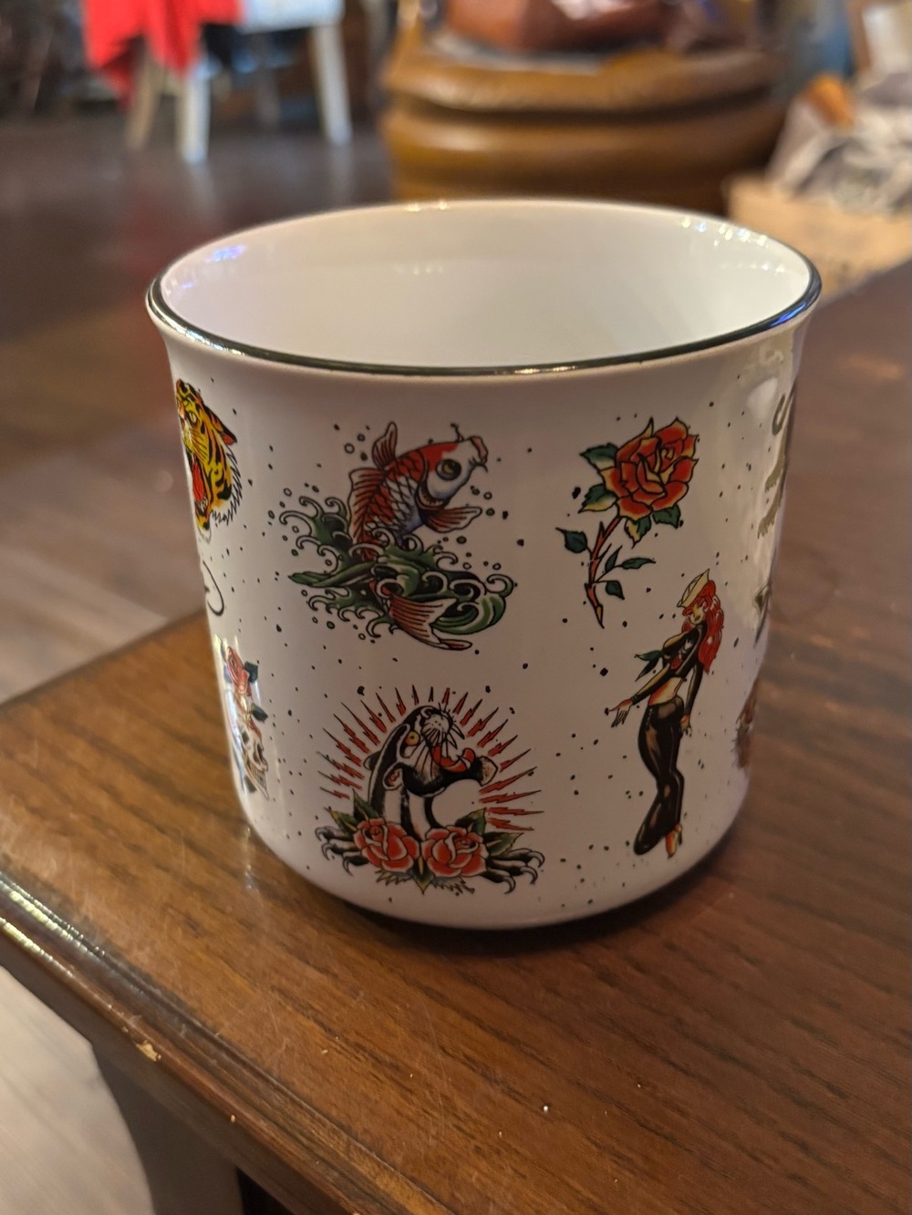Ed Hardy White Ceramic Tattoo-Print Mug with Red, Yellow & Green Accents - Picture 2 of 6